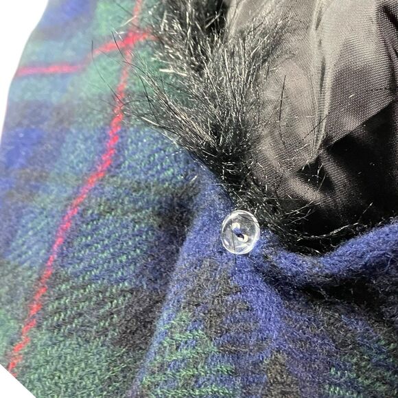 Ralph Lauren Shawl OS Green Tartan Plaid Reversable Ruana Blue Fax Fur Collar - Picture 6 of 12